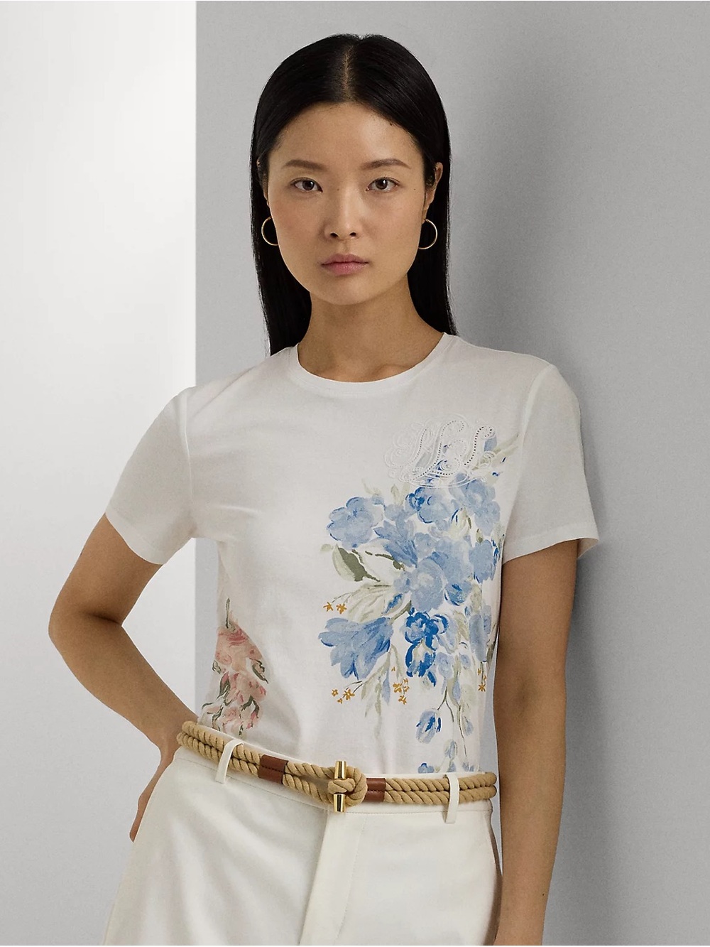 Lauren Ralph Lauren Floral Eyelet Cotton Jersey Tee White Blue Size Medium